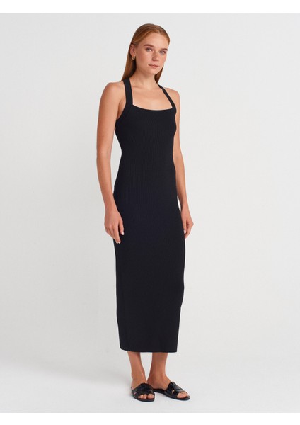 90253 Halter Yaka Fitilli Triko Elbise-Siyah