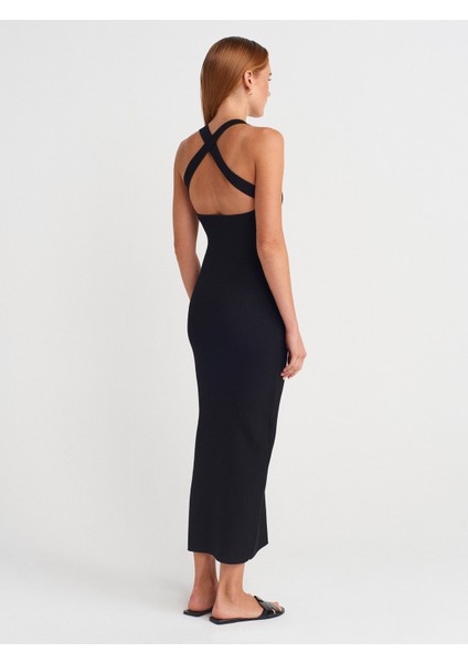 90253 Halter Yaka Fitilli Triko Elbise-Siyah fiyatları