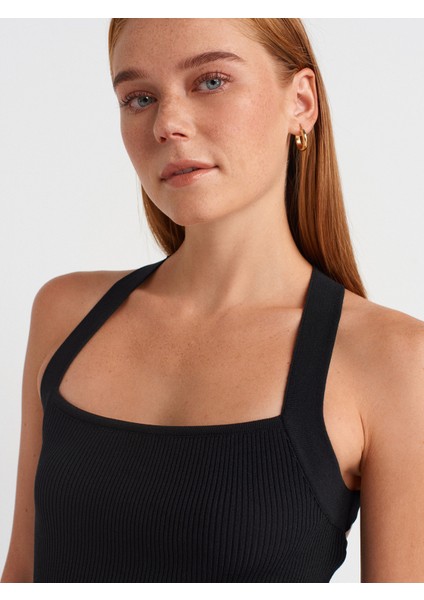 90253 Halter Yaka Fitilli Triko Elbise-Siyah modelleri