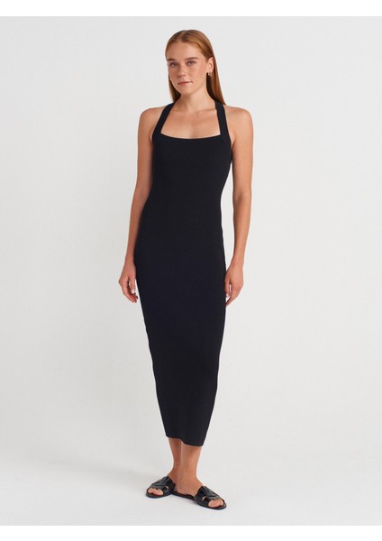 90253 Halter Yaka Fitilli Triko Elbise-Siyah fırsatları