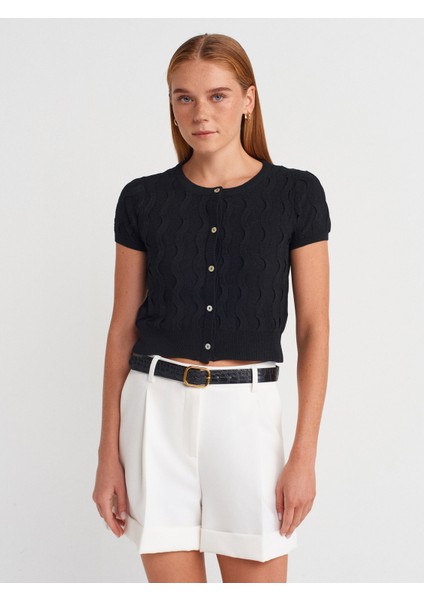 60980 Bisiklet Yaka Dokulu Düğmeli Triko Hırka-Siyah