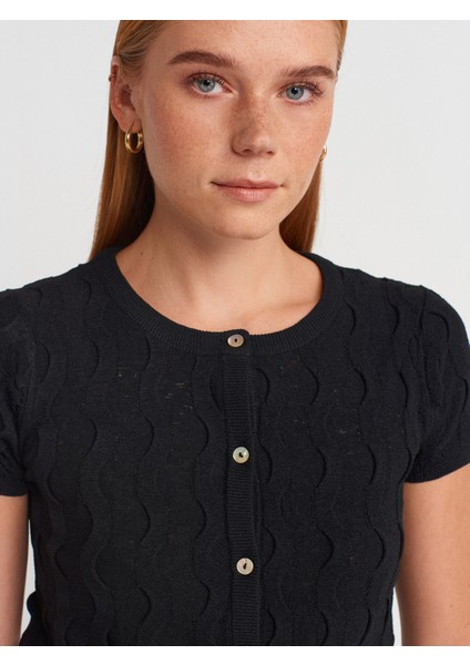 60980 Bisiklet Yaka Dokulu Düğmeli Triko Hırka-Siyah modelleri