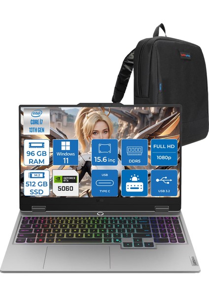 Loq Intel Core I7-13700HX 96GB Ddr5 512GB SSD 8GB/RTX5060 100W Gddr7 15.6" Fhd (1920X1080) IPS 300NITS 144Hz Gsynic Windows 11 Home Taşınabilir Bilgisayar.83JE00LFTRH27+ZETTAÇANTA