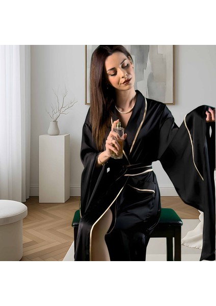 Siyah Uzun Saten Kimono | Kadın Lüks Sabahlık | Geniş Kollu Kuşaklı Model fırsatları
