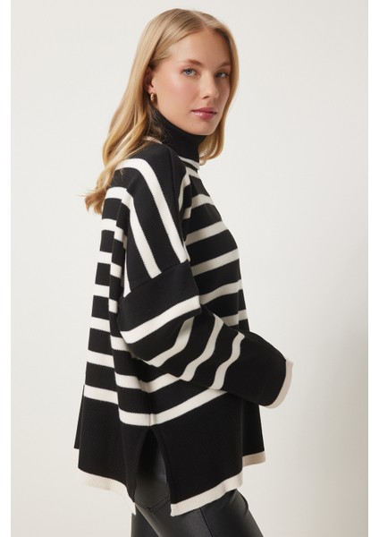 Çizgili Oversize Triko Kazak LBV0053 Siyah Ekru modelleri