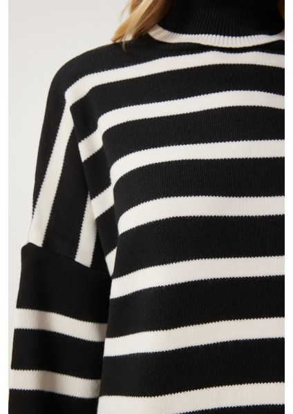 Çizgili Oversize Triko Kazak LBV0053 Siyah Ekru indirimleri