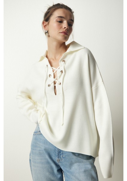 Bağcıklı Yaka Triko Kazak LPF0033 Krem