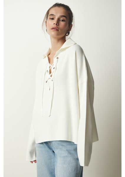 Bağcıklı Yaka Triko Kazak LPF0033 Krem modelleri