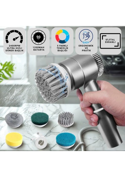 2400RPM Hızlı Dijital Ekranlı 1200MAH Şarjlı 5 Başlıklı Çok Amaçlı Temizlik Fırça Seti, Mutfak, Banyo El Fırçası