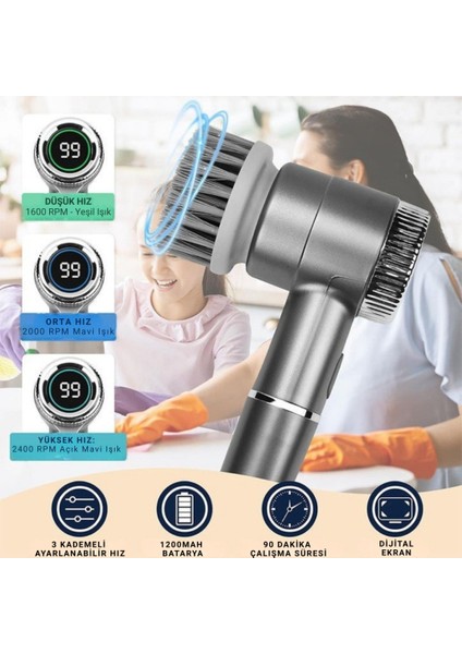 2400RPM Hızlı Dijital Ekranlı 1200MAH Şarjlı 5 Başlıklı Çok Amaçlı Temizlik Fırça Seti, Mutfak, Banyo El Fırçası fiyatları