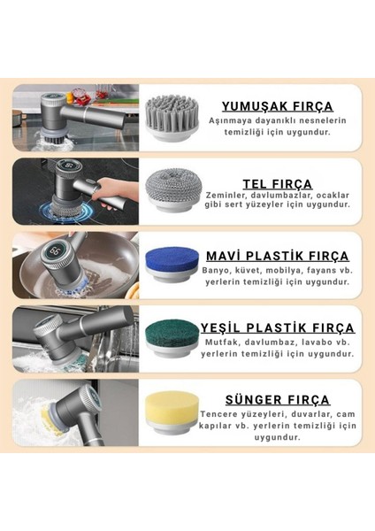 2400RPM Hızlı Dijital Ekranlı 1200MAH Şarjlı 5 Başlıklı Çok Amaçlı Temizlik Fırça Seti, Mutfak, Banyo El Fırçası modelleri