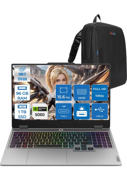 Loq Intel Core I7-13700HX 96GB Ddr5 1tb SSD 8GB/RTX5060 100W Gddr7 15.6" Fhd (1920X1080) IPS 300NITS 144Hz Gsynic Freedos Taşınabilir Bilgisayar.83JE00LFTRF28+ZETTAÇANTA
