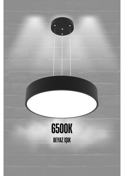 Drum 40CM (Siyah Kasa, Beyaz Işık) Ledli Modern LED Avize, Salon, Mutfak, Oturma Yatak Odası, Sarkıt