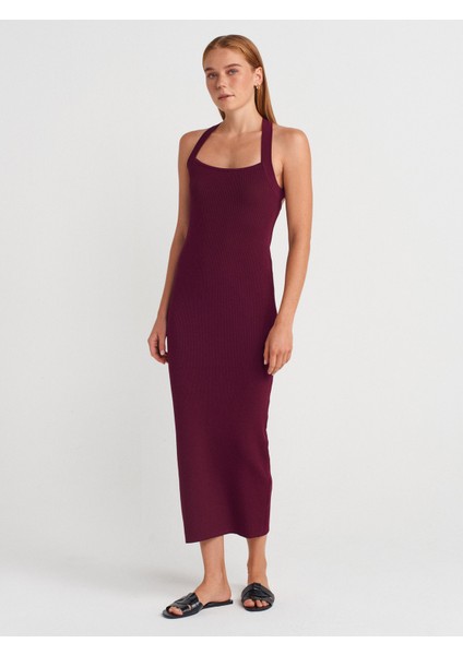 90253 Halter Yaka Fitilli Triko Elbise-Bordo