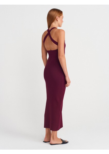 90253 Halter Yaka Fitilli Triko Elbise-Bordo fiyatları