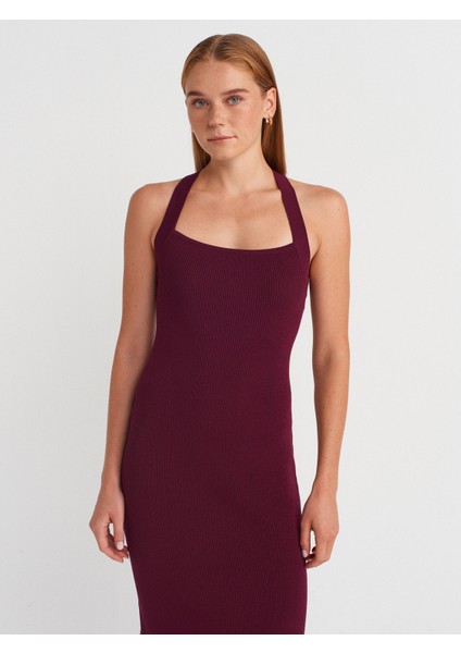90253 Halter Yaka Fitilli Triko Elbise-Bordo fırsatları