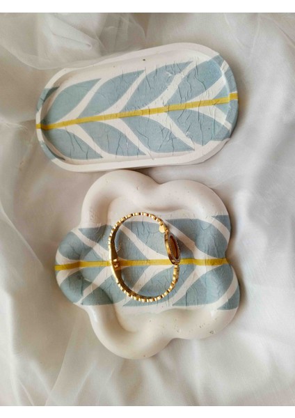 Modern Sanat Esintili Mavi-Sarı Yaprak Desenli Masaüstü Organizer Seti