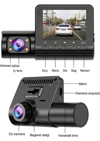 C50 1080P 3 Kameralı Araç Kamerası Gece Görüş G-Sensör Geri Görüş Kameralı 170° Açı Döngüsel Kayıt