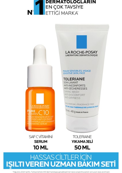 Hassas Ciltler Için Işıltı Veren Uzman Cilt Bakım Seti: Saf Vitamin C Serum & Toleriane Yıkama Jeli 50 ml