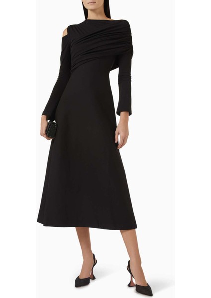 Asimetrik Midi Elbise Femininliği, Cold-Shoulder & Uzun Kollu Tasarım fiyatları