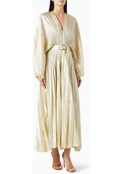 Altın Renkli Pleated Elbise - D-V Yakası - D Halkalı Bel Kemeri - %100 Polyester
