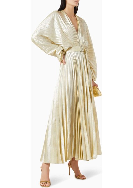 Altın Renkli Pleated Elbise - D-V Yakası - D Halkalı Bel Kemeri - %100 Polyester fiyatları