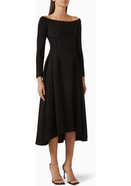 Şıklık ve Rahatlık: Mimosa Off-Shoulder Midi Dress - A-Line Silüet, Umi Kumaş