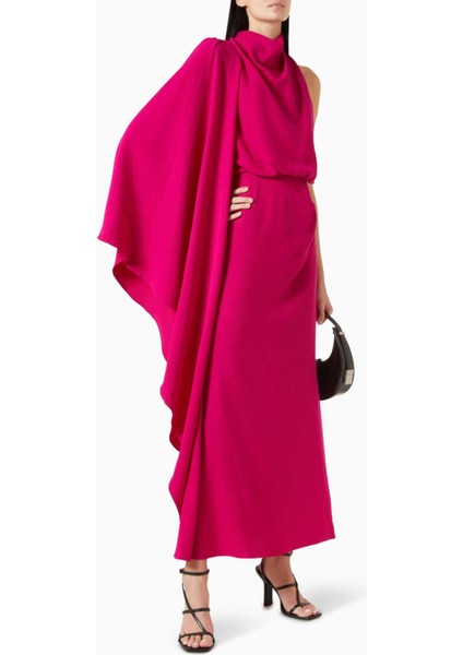 Saten Maxi Elbise - Mor - %70 Asetat %30 Polyester - Drapeli Kaban Kol & Açık Sırt modelleri