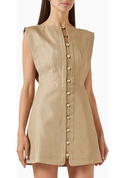 Bej Cinderford Mini Elbise - Viskoz Karışımı - Yüksek Kalite Kumaş ile Şıklık