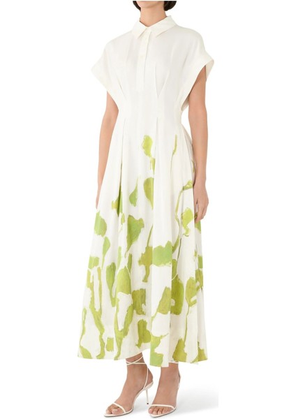 Wedmore Midi Elbise Kısa Kollu Zarif Viskon Keten Karışımlı Şık Tasarım Elbise