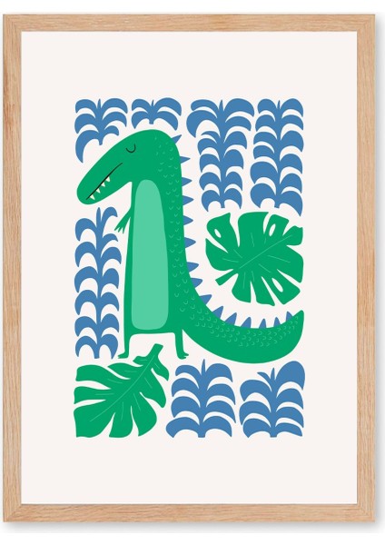 Tropical Dino - Doğal Ahşap Çerçeveli Tablo - Renkli Çocuk Posteri fırsatları