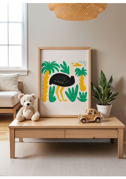 Jungle Ostrich - Doğal Ahşap Çerçeveli Tablo - Eğlenceli Çocuk Posteri