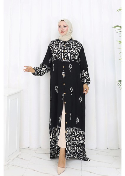 Boydan Düğmeli Etnik Desen Elbise Siyah