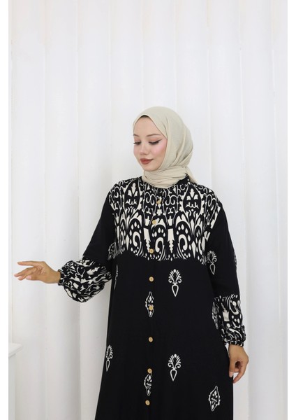 Boydan Düğmeli Etnik Desen Elbise Siyah fiyatları