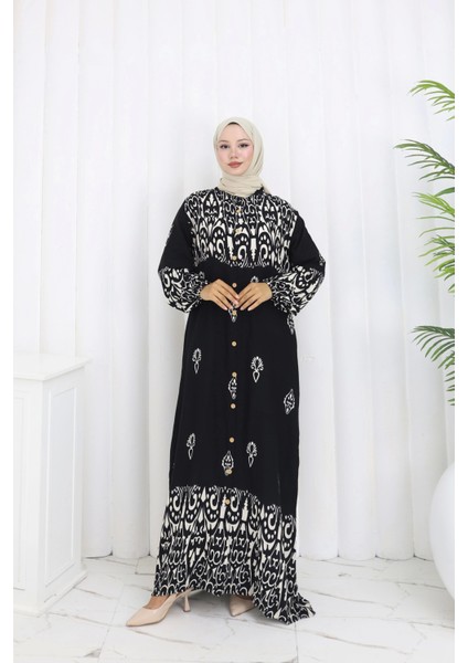Boydan Düğmeli Etnik Desen Elbise Siyah modelleri