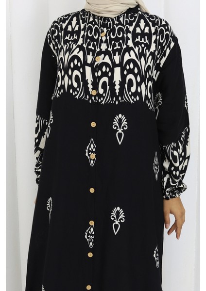 Boydan Düğmeli Etnik Desen Elbise Siyah fırsatları