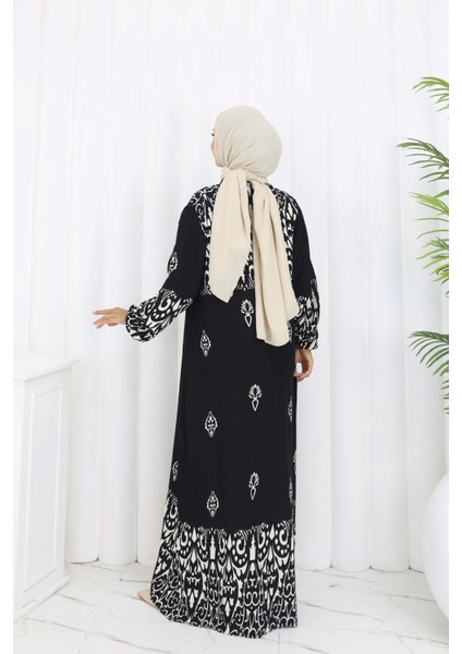 Boydan Düğmeli Etnik Desen Elbise Siyah indirimleri