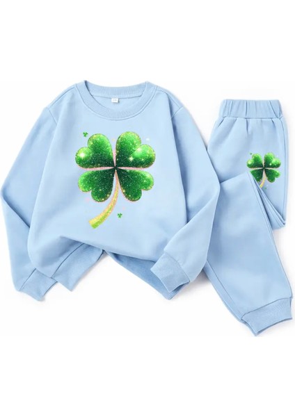Kıds Face Özel Tasarım Yeşil Dört Yapraklı Şans Yoncası Baskılı Kışlık Kız Çocuk Eşofman Takımı