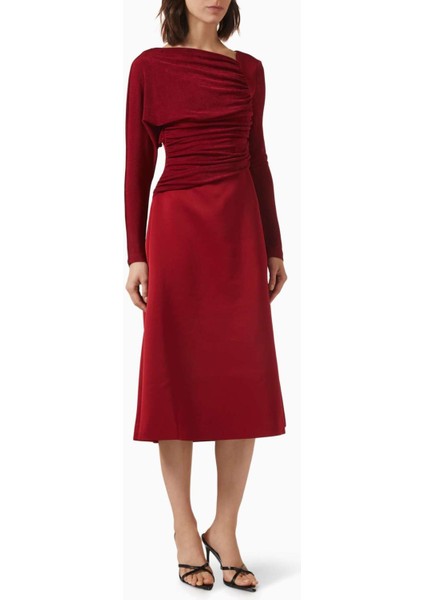 Asimetrik Midi Elbise Uzun Kollu