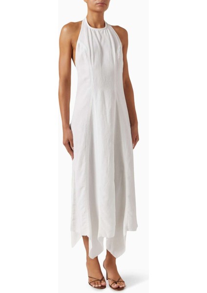 Stella Midi Elbise - Beyaz - Keten Karışımı Kumaş ile Şık Tasarım