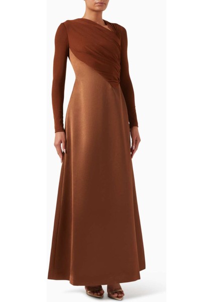 Drapeli Maxi Elbise Uzun Kol, Asimetrik Yaka, Taffeta Kumaş