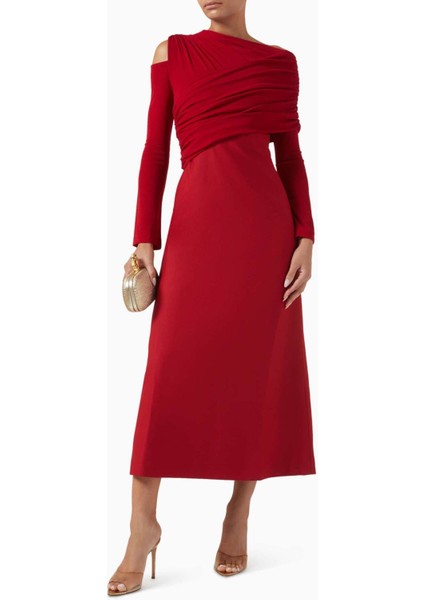 Asimetrik Midi Elbise Femininliği, Cold-Shoulder & Uzun Kollu Tasarım fiyatları