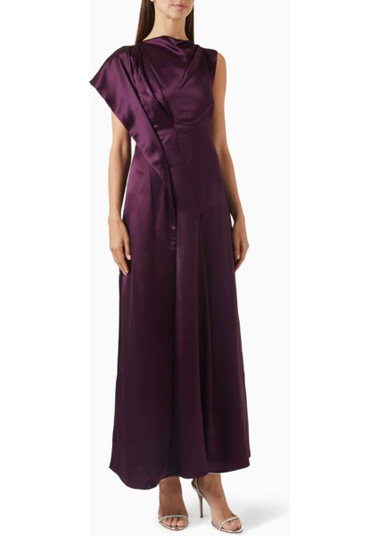 Koyu Mor Wombridge Maxi Elbise - %76 Asetat, %24 Polyester, Asimetrik Tasarım, Tek Kol