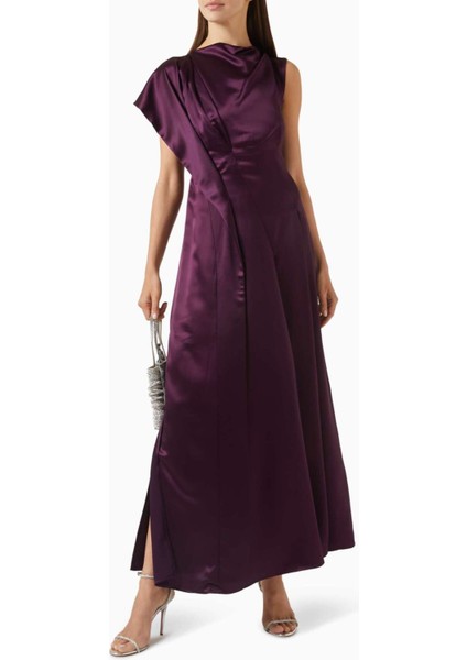 Koyu Mor Wombridge Maxi Elbise - %76 Asetat, %24 Polyester, Asimetrik Tasarım, Tek Kol fiyatları