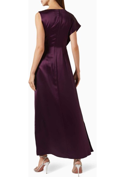Koyu Mor Wombridge Maxi Elbise - %76 Asetat, %24 Polyester, Asimetrik Tasarım, Tek Kol modelleri