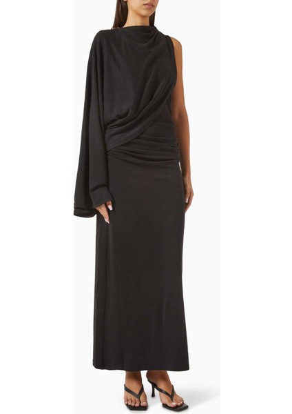 Siyah Odder Midi Elbise - Jersey - %70 Viskoz, %30 Polyester - Çıkarılabilir Omuz Kolu