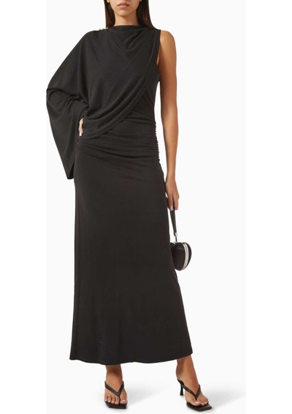 Siyah Odder Midi Elbise - Jersey - %70 Viskoz, %30 Polyester - Çıkarılabilir Omuz Kolu fiyatları