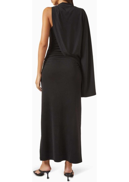 Siyah Odder Midi Elbise - Jersey - %70 Viskoz, %30 Polyester - Çıkarılabilir Omuz Kolu fırsatları