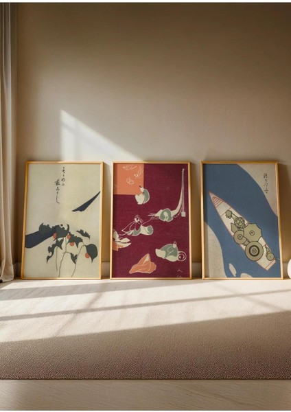 Silent Forms - Doğal Ahşap Çerçeveli Tablo - Japon Eskiz Poster