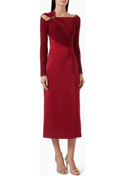 Eleanor Midi Elbise Şık, Uzun Kol, Altın Yüzük Dekolteli, Taffeta & Triko